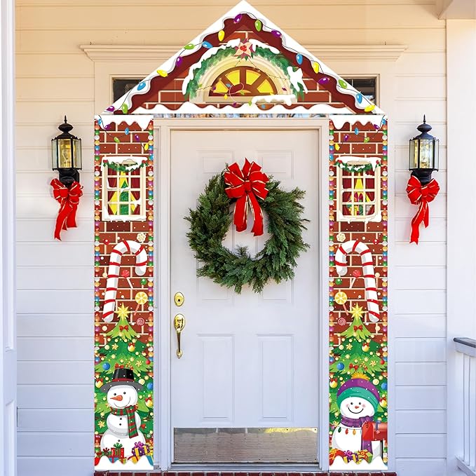 3 Pcs Merry Christmas Door Banners House Door Cover Party Decoration Candy Snowman Xmas Tree Hanging Vertical Indoor Outdoor Christmas Signs for Porch Home Window Office Yard Garage Wall