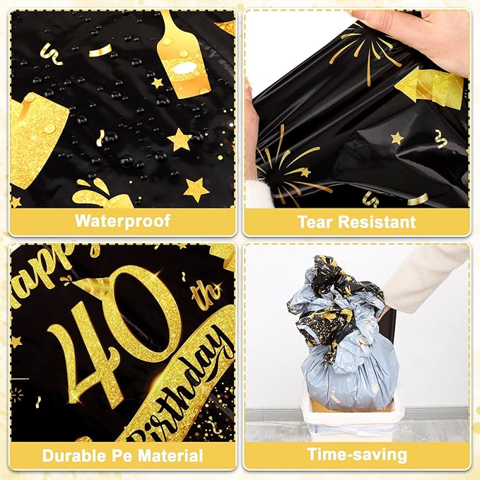 3 Pack 40th Birthday Plastic Tablecloth, 54x108 Inch Black Gold Disposable Rectangle Table Cover Waterproof Table Cloth for Birthday 40 Anniversary Party Supplies