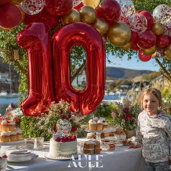 AULE 40 Inch Big Red Foil 10 Number Balloons for Women Large 10th Happy Birthday Decorations Giant Huge Helium Mylar Anniversary Party Décor