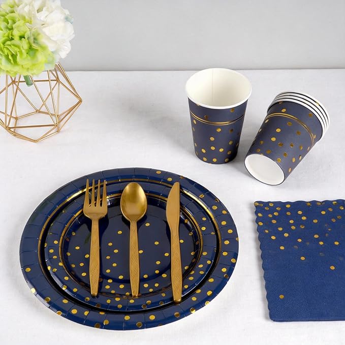 OuMuaMua Blue Paper Plates and Napkins Party Supplies for 24 Guests, 168 Pcs Navy Blue Disposable Plates with Utensils Set for Blue and Gold Graduation Retirement Birthday Party Decorations
