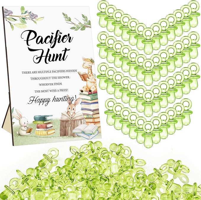 Thyle 51 Pcs Storybook Pacifier Hunt Baby Shower Games a New Chapter Will Soon Begin Baby Shower Game Decoration Include Hunt Sign and 50 Acrylic Pacifiers Gift Sets for Gender Reveal Party Decor