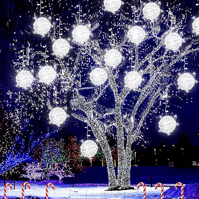 Outdoor Christmas Balls Lights Tree Lights Waterproof, 4 Pack 7.87" LED Hanging Globe Sphere Lights with 8 Lighting Modes Memory Timer Plug for Party Wedding Xmas Porch Patio Garden Yard Decorations