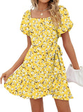 Sampeel Womens Summer Dresses Square Neck Puff Sleeve Tie Waist Short Dress