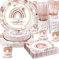 350 Pcs Boho Sunshine Baby Shower Party Supplies Rainbow Paper Plates Napkins Cups and Plastic Cutlery Party Tableware Set for Baby Shower Birthday Decorations, Serves 50