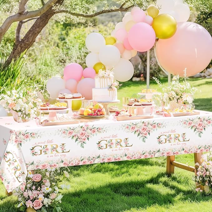 Avezano 6 pcs Girl Baby Shower Tablecloth 108x54 inch Pink Floral Baby Shower Party Tablecovers Disposable A Sweet Little Girl is on Her Way Table Cloth Plastic