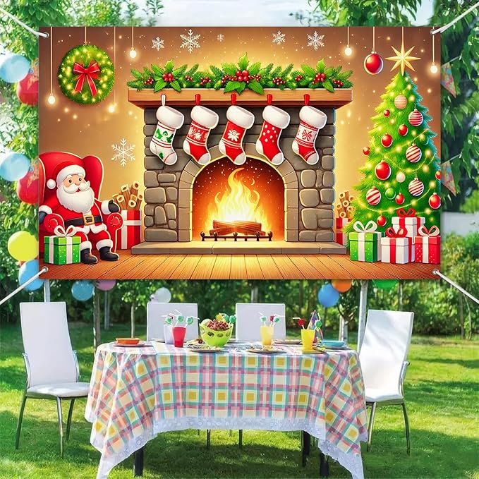 Christmas Banner Santa Claus Fireplace Stockings Tree Gifts Holiday Wall Backdrop Warm Decor Indoor Outdoor Photo Background Party Supplies Home Decoration 71 X 43 Inches