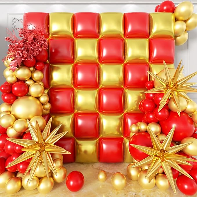 36pcs Red and Gold Square Foil Balloons Wall Backdrop with 147pcs Balloon Garland Arch Kit, Double Sided Balloons for Valentine's Day Wedding Birthday Engagement Anniversary Party Decorations