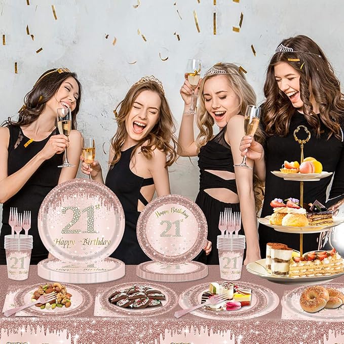 121Pcs 21st Birthday Party Supplies Plates Napkins Cups Forks Tablecloth Rose Gold Happy 21st Birthday Themed Disposable Tableware Decorations Serves 24 Guests for Women Her 21 Years