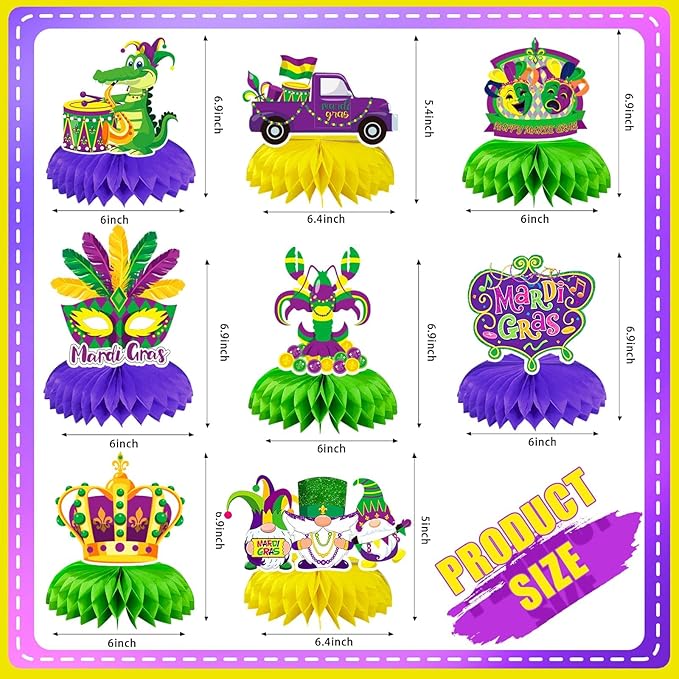 JULMELON Mardi Gras Table Decorations Honeycomb Centerpiece, 8pcs Mardi Gras Centerpieces for Tables Masquerade Masks Crown Signs Decor Mardi Gras Party Decorations for Home