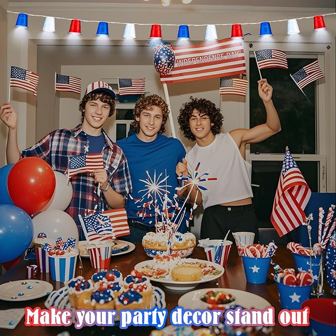 Hiboom 1 Pack Red White and Blue Cups Light, Shot Cups Fairy String Lights Battery Operated LED for 4th of July Independence Day Patriotic Decor Memorial Day Bar Graduation RV Party (13Ft)