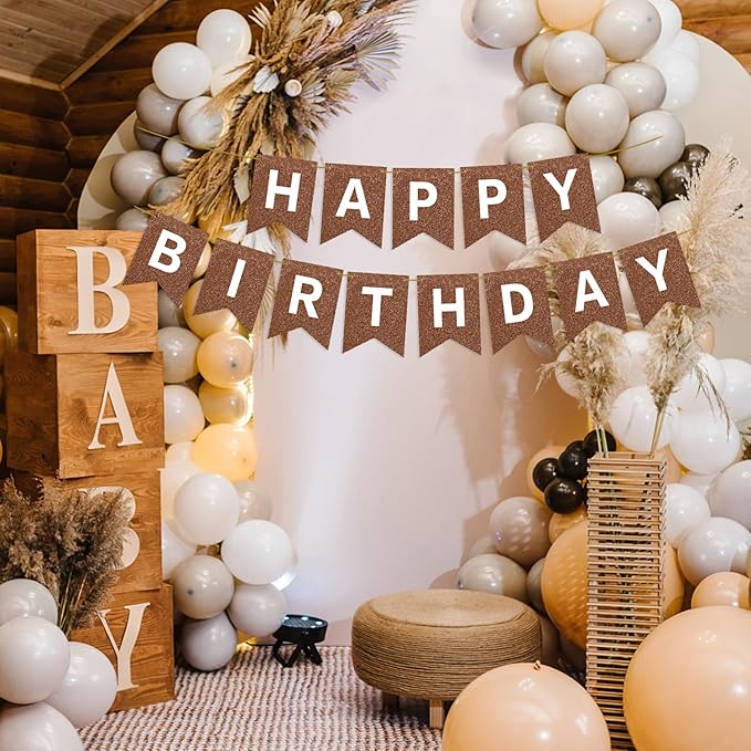 Hooqict Happy Birthday Banner Brown Birthday Party Decorations Backdrop for Kids Adults Celebrations Brown Chocolate Party Banner Sign Wall Porch Door Hanging Garland