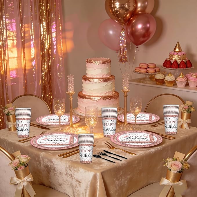 175-Piece Pink Rose Gold Birthday Party Supplies for 25 Guests – Disposable Plates, Cups, Napkins & Cutlery Set, Elegant Princess Party Tableware