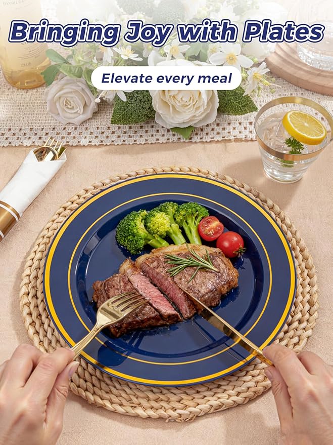 175PCS Blue and Gold Plastic Plates - Navy Blue Plates with Pre Rolled Napkins for Party - 25Guest Disposable Dinnerware Sets for Party/Birthday/Wedding/Passover/Easter
