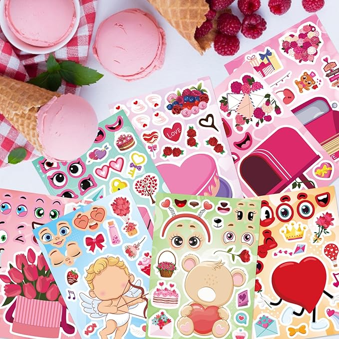 32 Sheets Valentine Stickers for Kids Toddlers, Make a Face Sticker Love Cake Bear Cupid Stickers for Kids Make Your Own Sticker Valentines Day Activities Party Favors