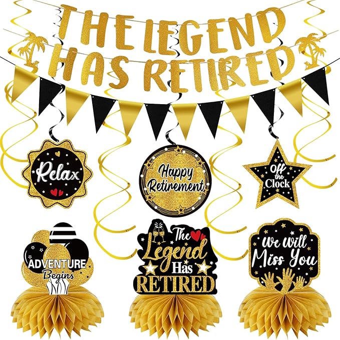 Retirement Party Decorations for Men Women, Black Gold Happy Retirement Decorations Kit The Legend Has Retired Banner Retired Table Centerpieces Hanging Swirls Party Supplies 12PCS