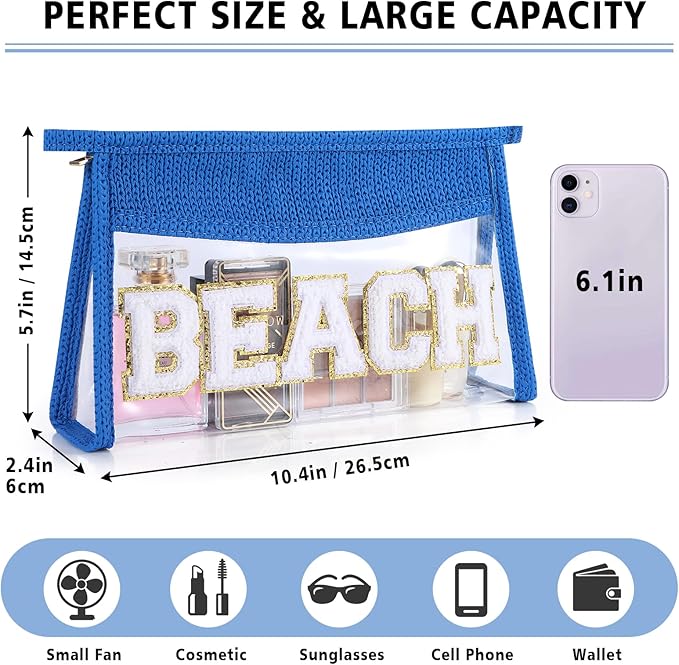 Beach Pouch Sunscreen Clear Makeup Bag Chenille Letter Beach Cosmetic Pouch Summer Essential Cute Toiletry Pouch Travel Accessories Gifts for Women