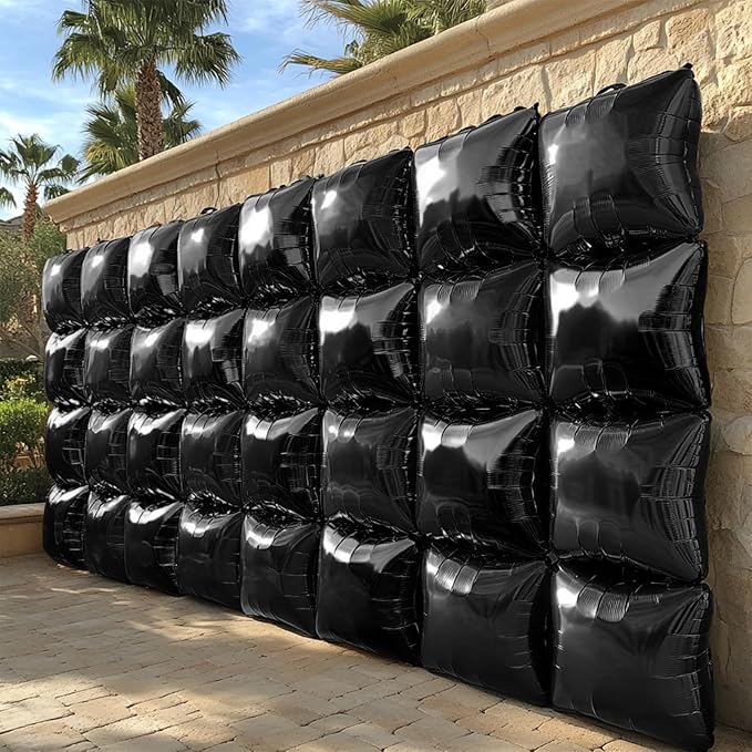 NISOCY 48PCS Black Square Foil Balloons Wall Backdrop Metallic Double Sided Black Balloon Tunnel Arch Kit for New Year Birthday Baby Shower Graduation Party Decorations