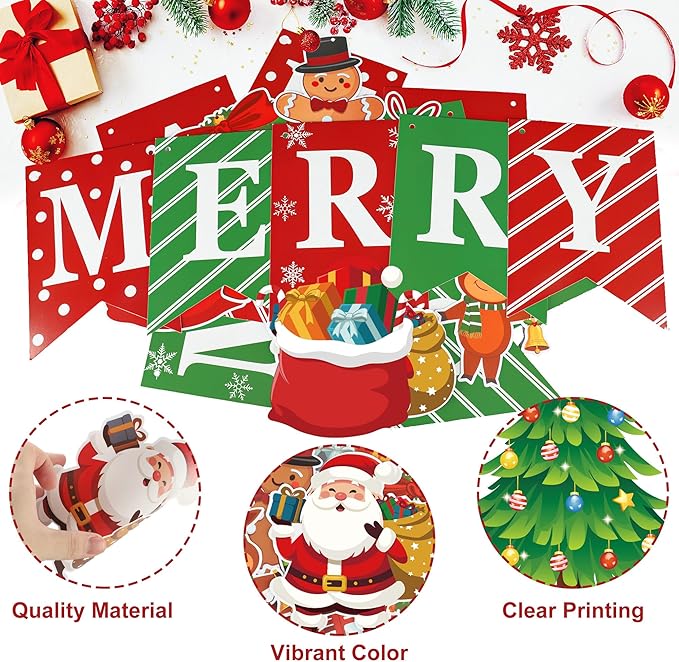 Merry Christmas Party Decorations Pre-strung Merry Christmas Banner with Hanging Swirls Red Green Santa Claus Snowman Hanging Ceiling Swirl for Xmas Holiday Party Home Decor