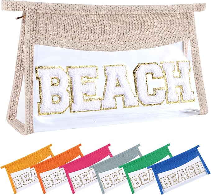Beach Pouch Sunscreen Clear Makeup Bag Chenille Letter Beach Cosmetic Pouch Summer Essential Cute Toiletry Pouch Travel Accessories Gifts for Women