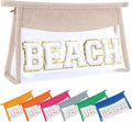 Beach Pouch Sunscreen Clear Makeup Bag Chenille Letter Beach Cosmetic Pouch Summer Essential Cute Toiletry Pouch Travel Accessories Gifts for Women