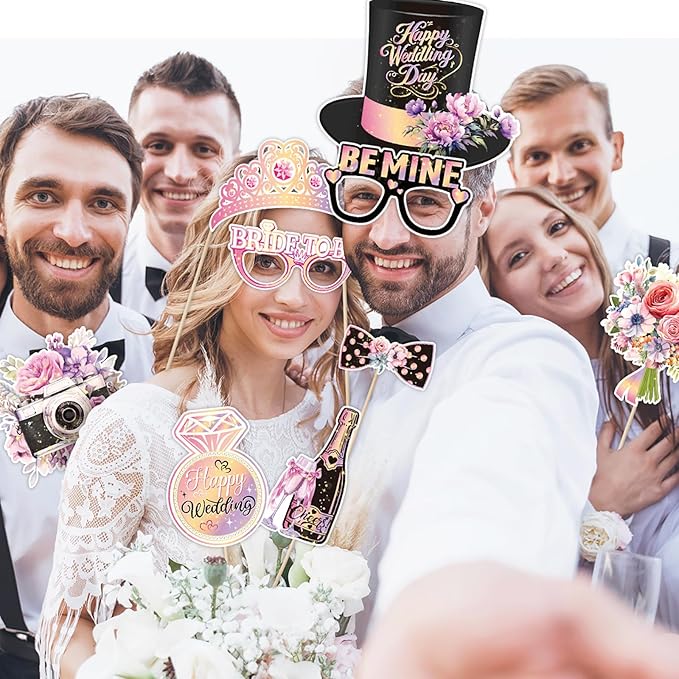 30 Pieces Wedding Photo Booth Props Wedding Bridal Shower Photo Booth Prop Bachelorette Party Decorations Photo Booth for Bridal Shower Gift Accessories Favor Supplies (Pink)