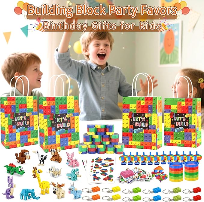 Party Favors for Kids Ages 6-12, 134 Pcs Building Blocks Toys for Boys Girls Kids with Temporary Tattoo Gift Bag, Goodie Bags & Stocking Stuffers Kid Classroom Prizes, Birthday Gifts Party Decorations