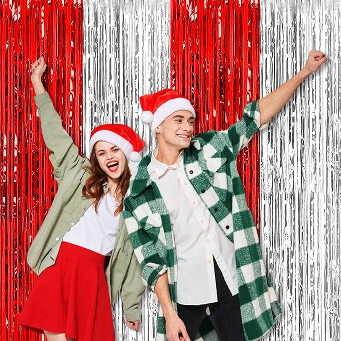 6 Pack Red and Silver Foil Fringe Curtains Backdrop, 3.28 x 8.2 Ft Metallic Streamers Tinsel Curtains Background for Photo Booth, Birthday, Christmas, Halloween, New Year Party Decorations