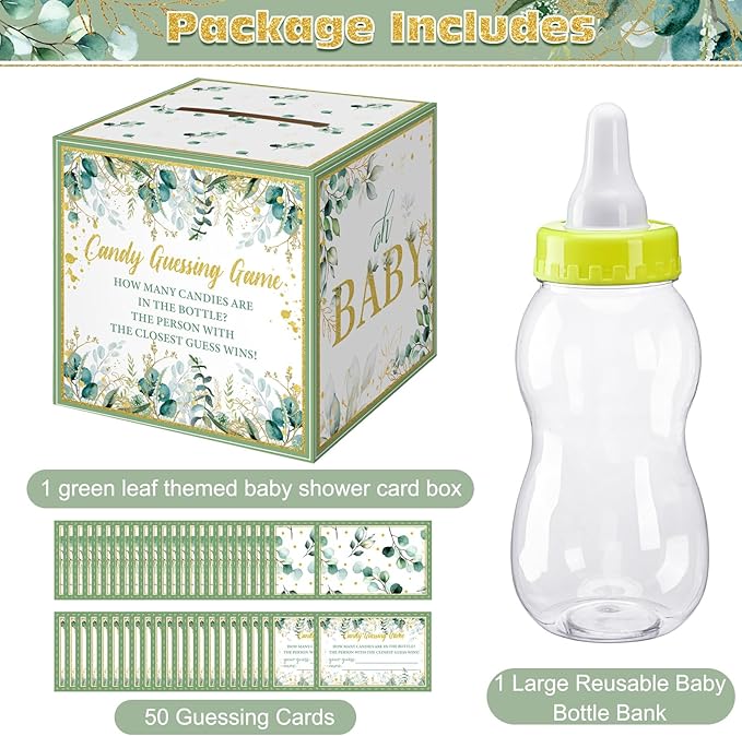 Glenmal 52 Pcs Baby Shower Games Gift Sets Large Baby Bottle for Shower Game Guess How Many Candies Decorations for Gender Reveal(Leaf)