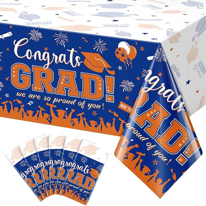 6Pack Graduation Tablecloth Party Decorations, Class of 2026 Congrats Grad Plastic Tablecover Party Supplies, Blue and Orange Rectangle Graduation Table Decor for College High School Party, 54x108Inch