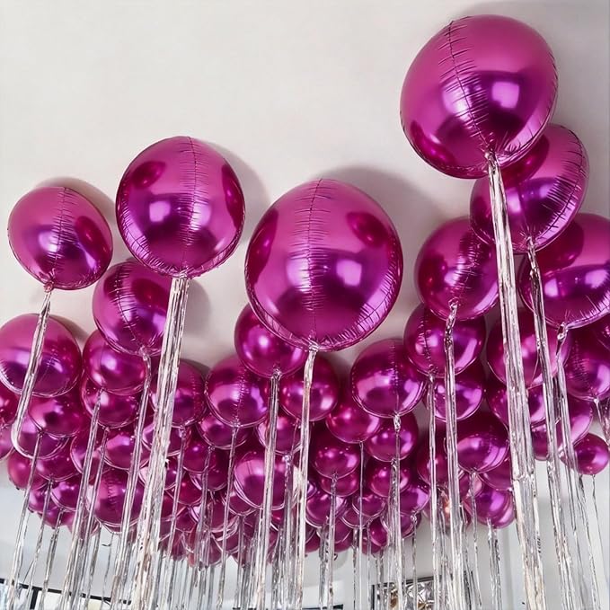 12Pcs Hot Pink Round Balloons Foil, 22" 18" 15" 10" 4D Round Ball Balloon, Large Hot Pink Metallic Balloons for Wedding Anniversary Birthday Party Baby Shower Princess Decorations Supplies