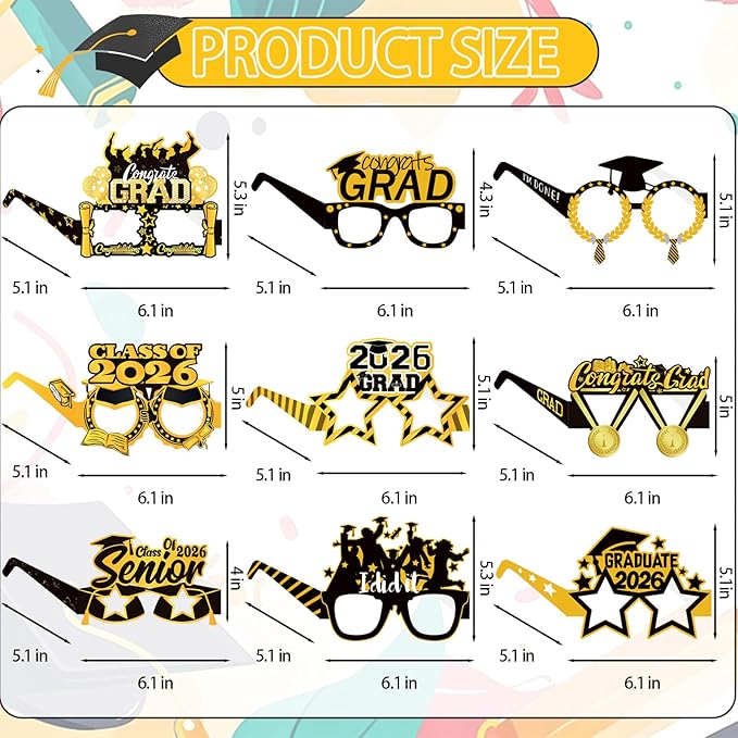 16PCS Graduation Glasses, 2026 Graduation Paper Eyeglasses Photo Booth Props for Class of 2026 Grad Party Supplies