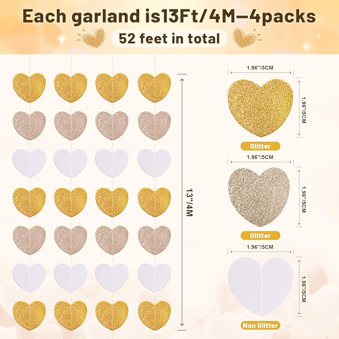 GCQQ White Champagne Gold Heart Garlands - 52Ft Glitter Gold Valentines Day Decorations Garland 4 Packs Paper Heart Hanging Streamers for Bridal Shower Valentine's Day Anniversary Wedding Decor