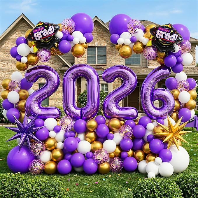 Graduation Balloons Garland Arch Kit, Graduation Balloons Class of 2026, Purple and White Gold Latex Balloon with Foil Balloon for Class of 2026 Party Decor