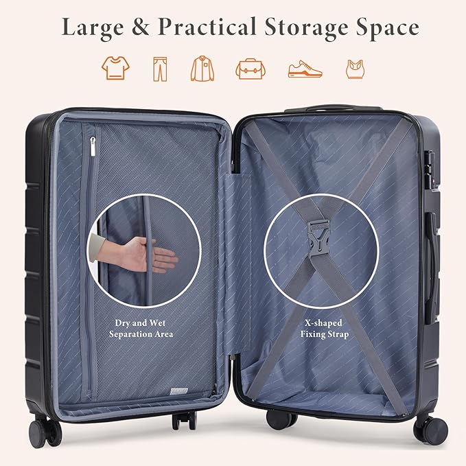 Sweetcrispy Carry on Suitcase, Luggage with Spinner Wheels, Hard Shell ABS, TSA Lock, 20 Inch Black