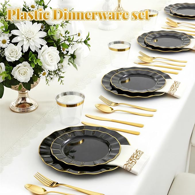 175 Plastic Dinnerware Set Party Supplies Disposable Dinnerware Set for 25 Guests Include 50 Plastic Plates,25 Silverware Set,25 Cups and 25 Napkins Plastic Plates for Party Wedding（Black and Gold）