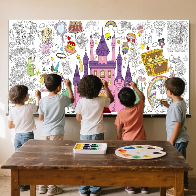 Princess Party Giant Coloring Poster,30x72 Inch Drawing Paper oloring Table Cloth,DIY Princess Activity Tablecloth Magical Castle for Kids Birthday Themed Wall Home Classroom Party Suppiles