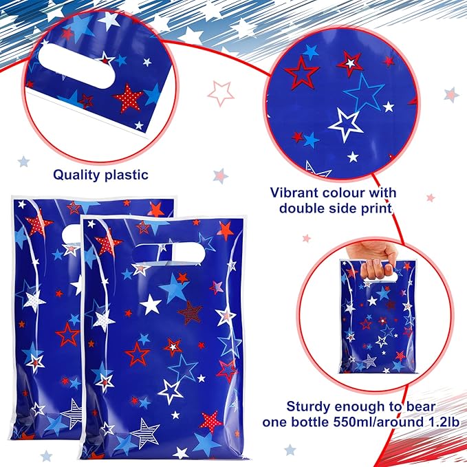 MASHAN 50 Pieces 4th of July Goodie Bags Bulk, Patriotic Gift Bags,Plastic Treat Gift Handles Bag with Red White Blue Star for Independence Day Memorial Day Veterans Day Decorations Party Supplies
