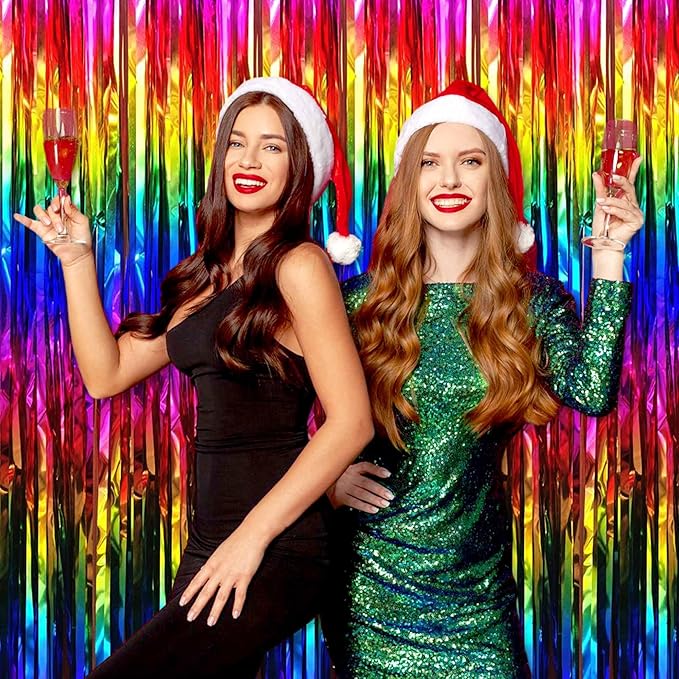 3 Pack Rainbow Foil Fringe Curtains Backdrop, 3.28 x 8.2 Ft Metallic Streamers Tinsel Curtains Background for Photo Booth, Birthday, Halloween, Christmas, Thanksgiving, New Year Party Decorations