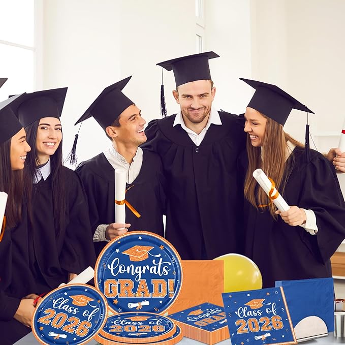 Orange and Blue Graduation Decorations, 200pcs Orange Graduation Plates and Napkins Class of 2026 Plates for Graduation Party Supplies,Serve 50