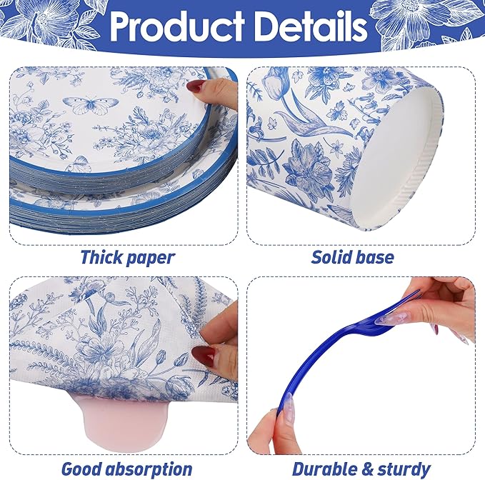Kochorie 144 Pieces Floral Party Supplies, Blue and White Flower Tableware Sets Including Disposable Paper Plates Napkins Cups Forks Serves 24 for Wedding Baby Shower Birthday Party Decorations