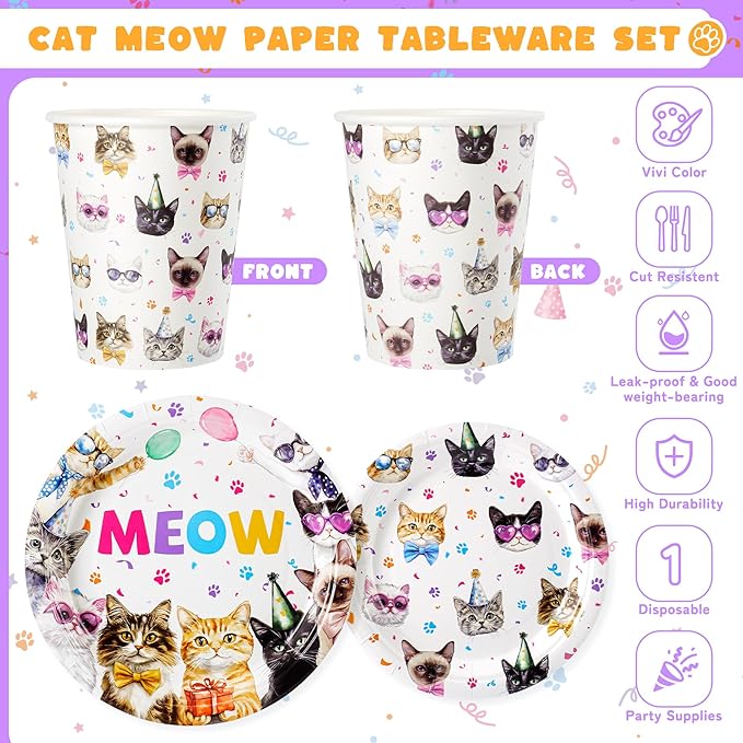 Cats Happy Birthday Party Plates Set, 168PCS Cats Themed Paper Plates Napkins Cups and Colorful Cutlery Set, 24 Set Cat Disposable Tableware Set for Birthday Party Supplies