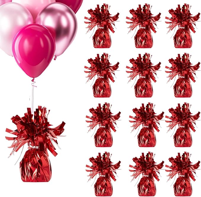 Aluminum Foil Balloon Weights for Parties (12 pcs) - 0.31lb (140g) Each - Premium Balloon Anchors for Birthday, Wedding, Dinner, Indoor & Outdoor Decorations(Red 12pcs)