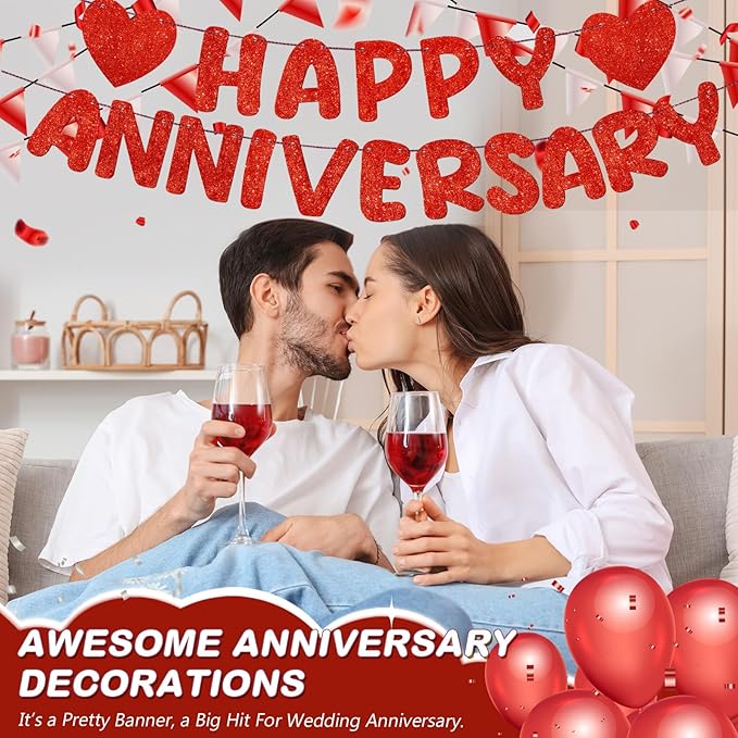 Fulmoon Happy Anniversary Banner Glitter Happy Anniversary Decorations Wedding Party Banner Romantic Decorations No DIY Pre-strung for Wedding Party Birthday Door(Red)