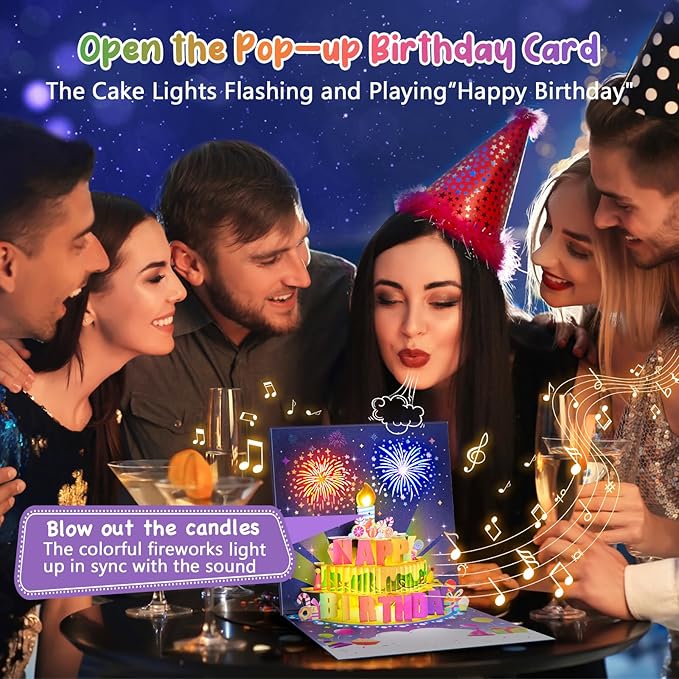 INPHER UPGRADED Blowable Birthday Cards 3D Pop Up Fireworks Cake Light and Music Happy Birthday Card Gifts for Women Men Mom Kids