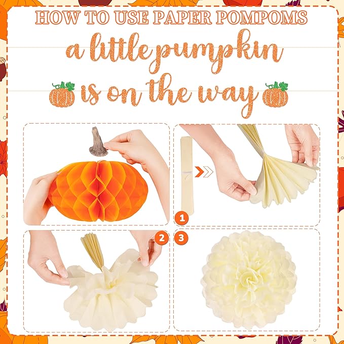 Kriyokiaa Little Pumpkin Baby Shower Decorations 71 Pcs Fall Baby Shower Decor with Tissue Pompom, Paper Fans, Lantern, Banners & Artificial Maples for Rustic Neutral Shower Party Supplies