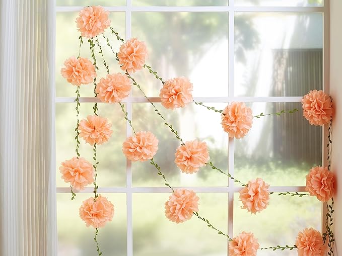 Sahoottie 2 Pcs Blush Pink Hanging Paper Flower Garland, 8.2 FT Single Color Tissue Paper Flower Garland, Blush Pink Pom Pom Garland for Boho Wedding Backdrop Bridal Shower Bedroom Wall Decor