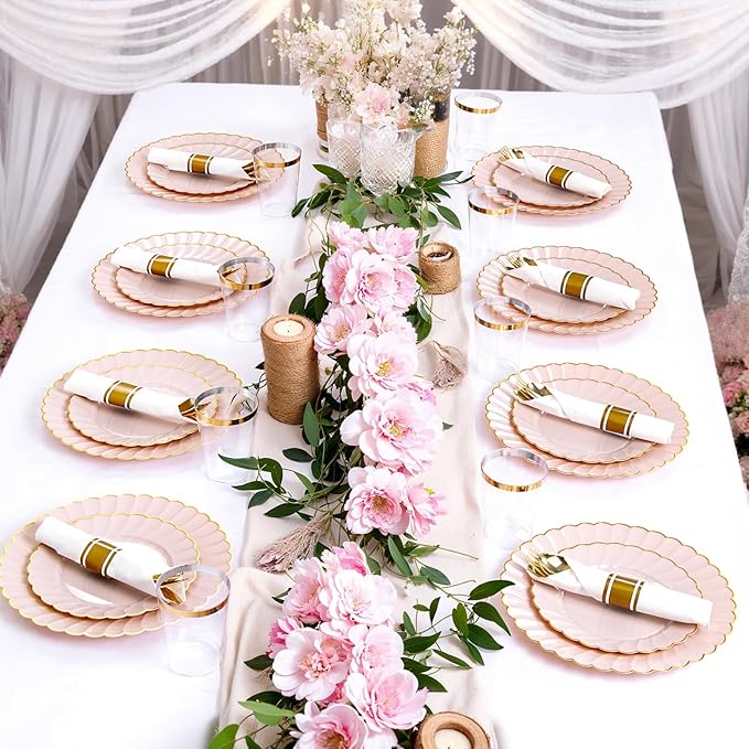 YOUBET 350PCS Pink Scalloped Plastic Plates - Pink and Gold Disposable Dinnerware Set Include 100 Plates, 150 Gold Silverware, 50 Cups, 50 Napkins for Wedding & Party Easter Mothers Day