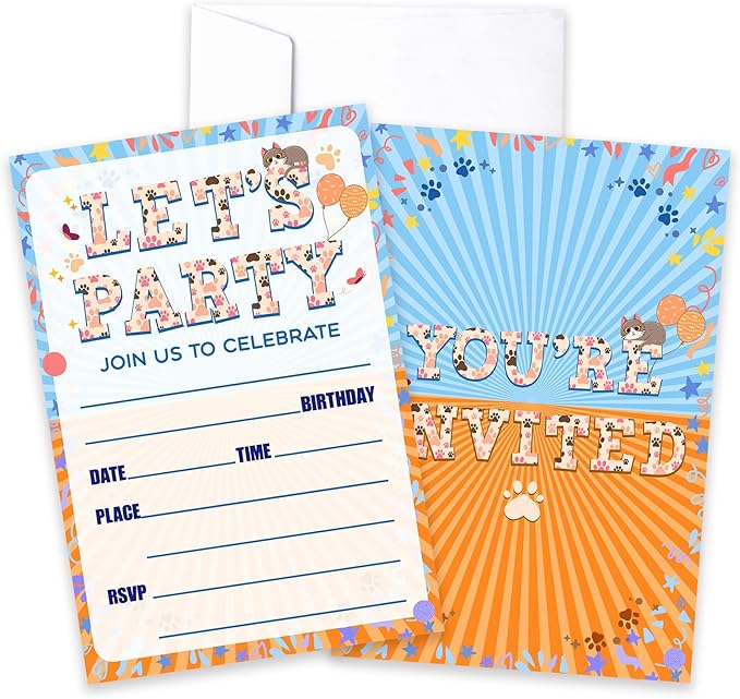 CLIRBE Let's Party Birthday Invitations, Cute Cats Invited Birthday Invitations For Teen Boys Girls, 20 Invites Cards With 20 Envelopes, Party Supplies Favors -H17