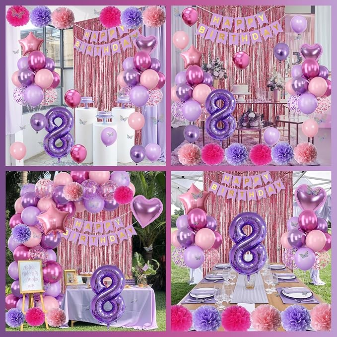 Pink Purple 8th Birthday Party Decorations for Girls Number 8 Balloon Happy Birthday Banner Butterfly Stickers Fringe Curtain Paper Pom Poms Metallic Hot Pink Star Foil Balloons 8 Year Old Princess