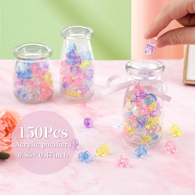 150 Mini Pacifiers for Baby Shower Game(5 Color), 0.86 Inch Plastic Pacifiers for Baby Shower, Gender Reveal Party Favors Table Decoration, Multicolor